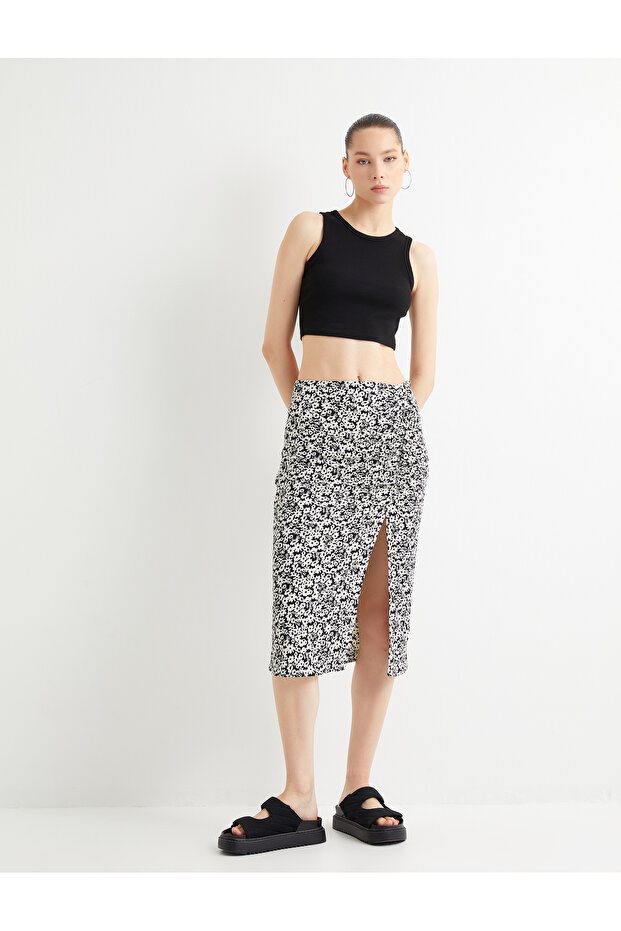 Floral Midi Skirt with Front Slit Detail High Waist