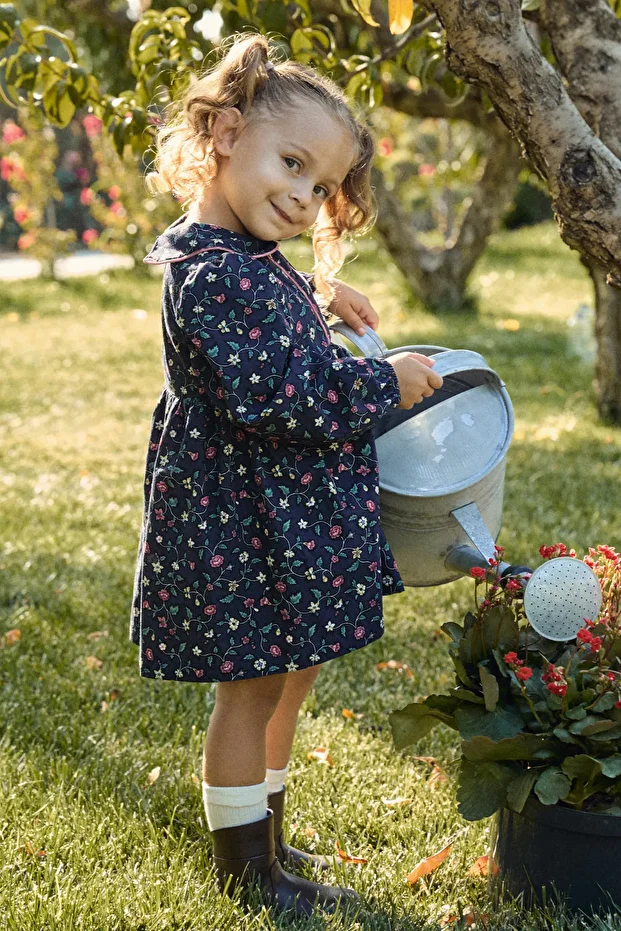 Kız Çocuk Elbise Çiçekli Uzun Kollu Astarlı Biyeli %100 Pamuk - 5