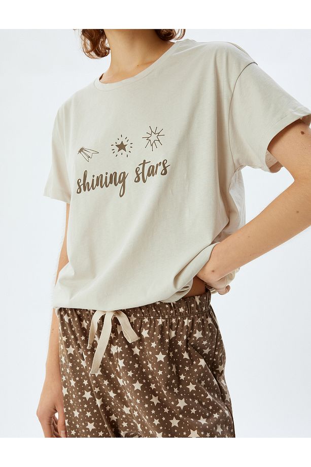 Örgü Pijama Takımı Baskılı Kısa Kollu Tişört ve Alt - 5