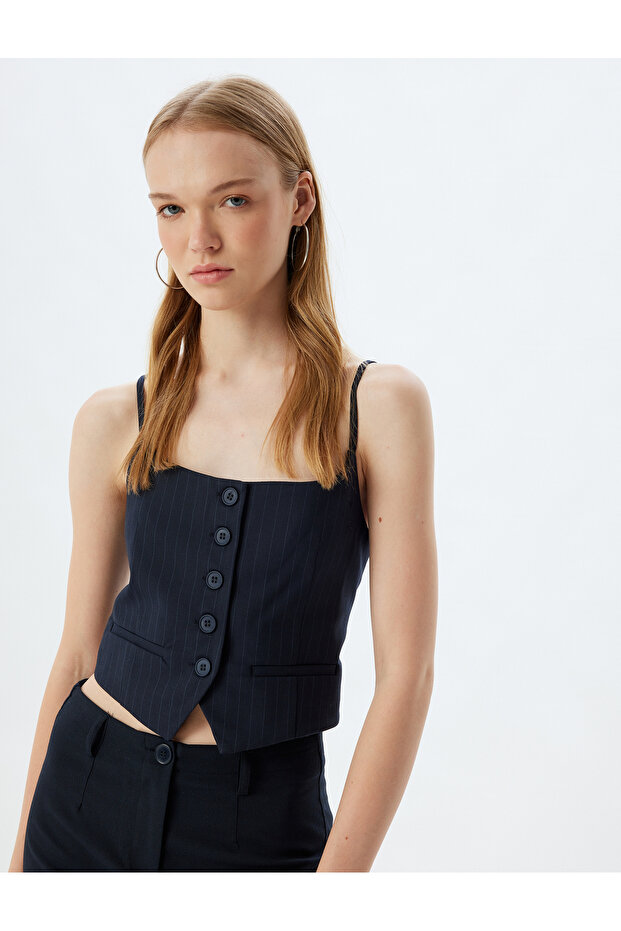 Crop Top with Buttons, Rope Straps, Pocket Detail, Slim Fit