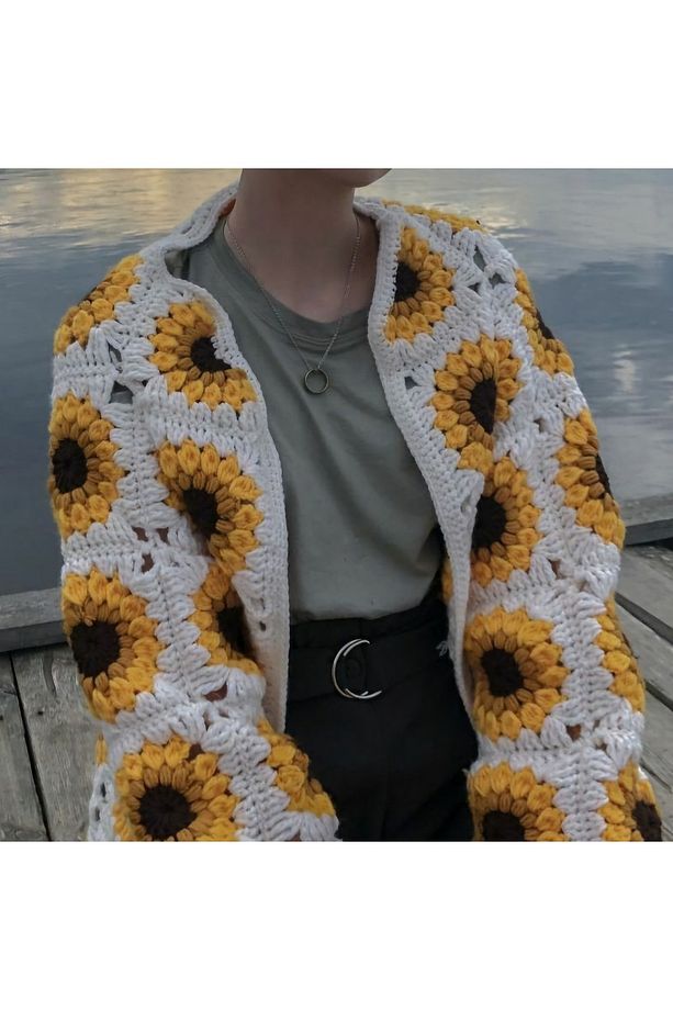 Ayçiçeği Desenli Crochet  Kadın Hırka,  El Örgüsü Hırka, Trend Motif  Hırka - 2