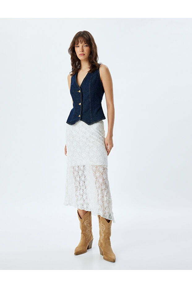 Asymmetric Cut Midi Lace Skirt - Half Lined