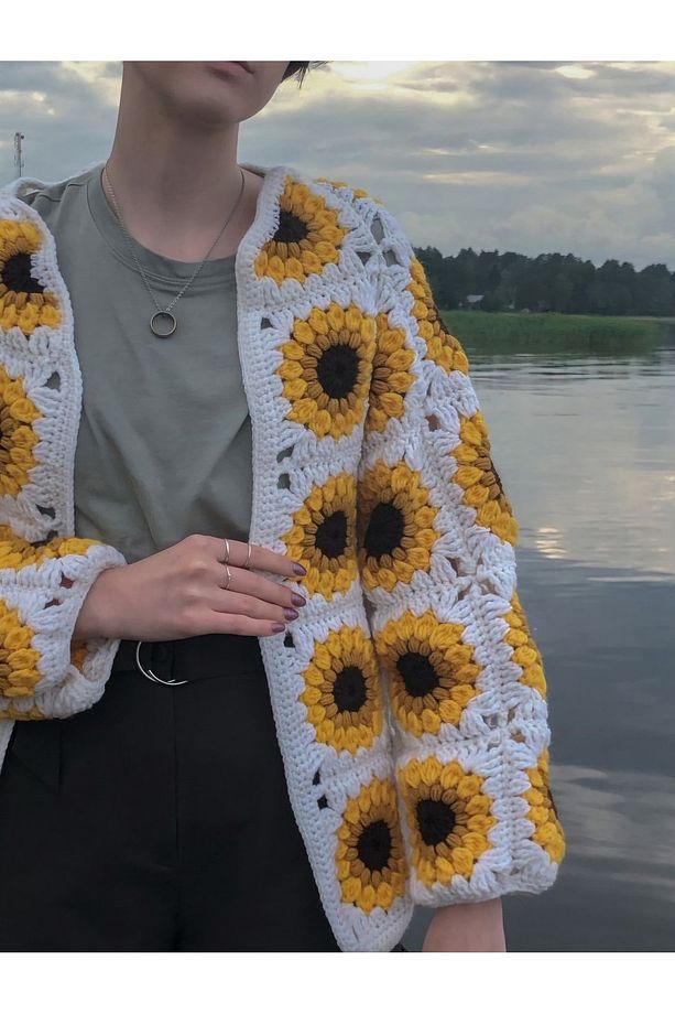 Ayçiçeği Desenli Crochet  Kadın Hırka,  El Örgüsü Hırka, Trend Motif  Hırka - 3