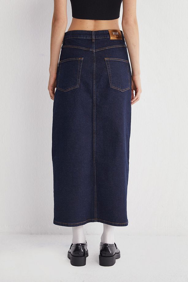 Yüksek Bel Yırtmaçlı Midi Jeans Etek - 4