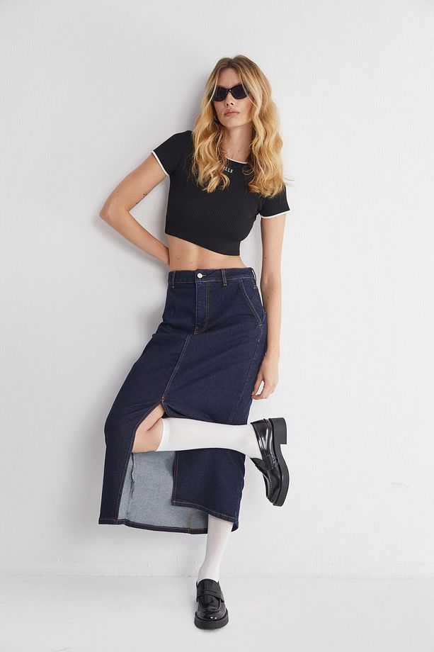 Yüksek Bel Yırtmaçlı Midi Jeans Etek - 2