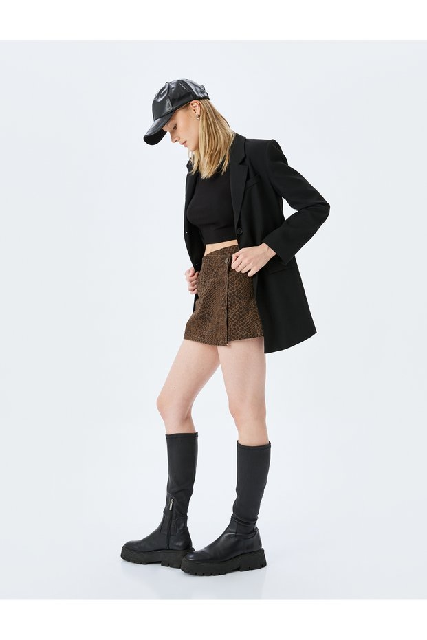 Snake Skin Print Buttoned Asymmetrical Cut Mini Shorts Skirt