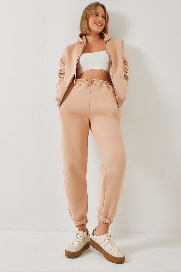 Women's Beige Kangaroo Pocket Hooded Cardigan Top and Bottom Set Mbhs015 60601015