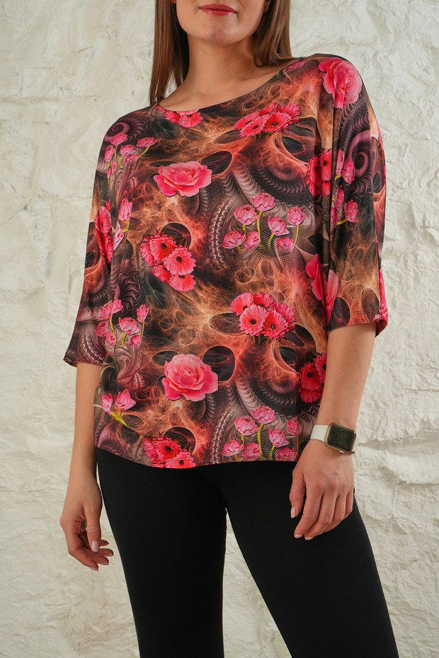 Women's Oversize Viscose Floral Bat Sleeve T-Shirt