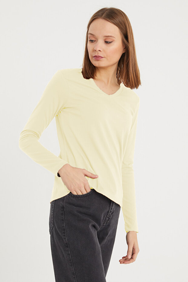 Kadın Uzun Kollu V Yaka Basic Pamuklu Örme Bluz - 3