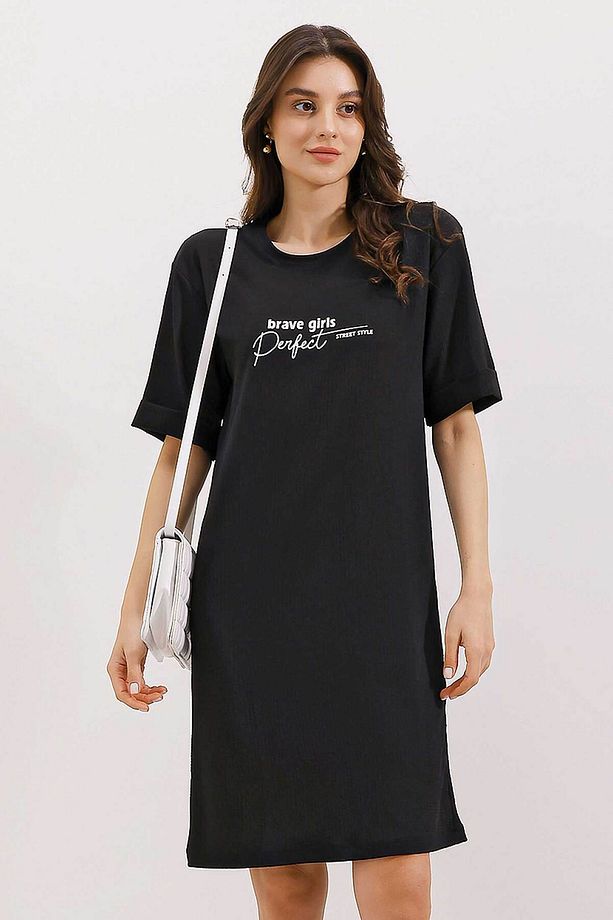 2452 Baskılı Oversize Örme Elbise - Siyah - 1
