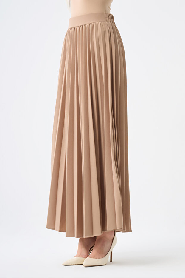 Basic Örme Pliseli Krep Bej Etek - 3