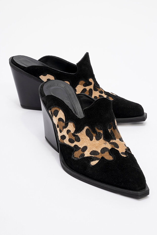 Valvent women's genuine leather western slippers black suede-leopard