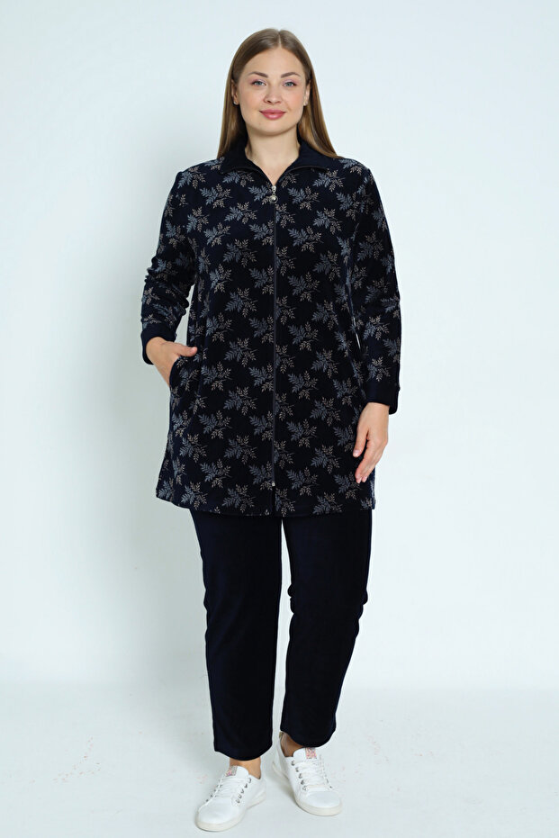 Women's Plus Size Navy Leaf Print Zipper Pocket Cotton Velvet Bottom Top Suit
