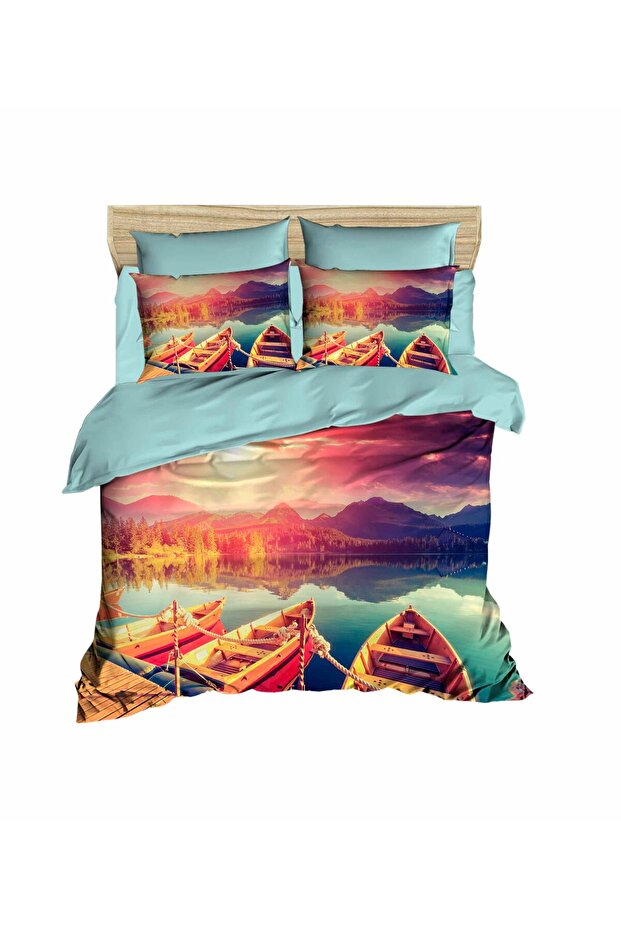 Boats and River Scenery 3D Double Duvet Cover Pillow Set