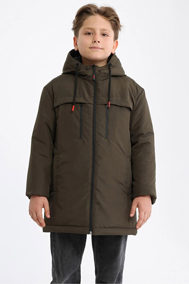 Boy's Khaki Fiber Hooded Windproof Inflatable Winter Jacket