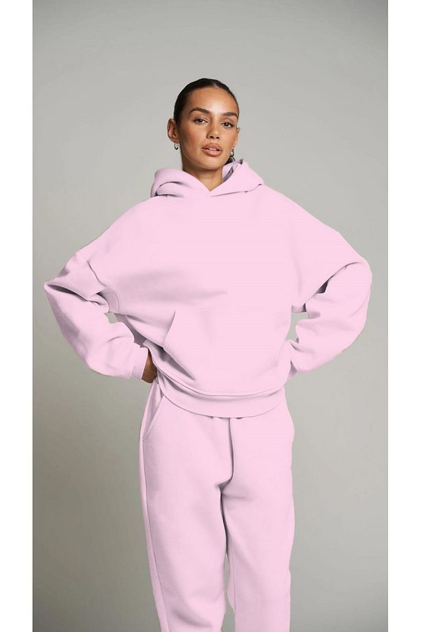 Pembe Kapüşonlu Basic Bel Lastikli Boru Paça Cepli Oversize Eşofman Takımı - 6
