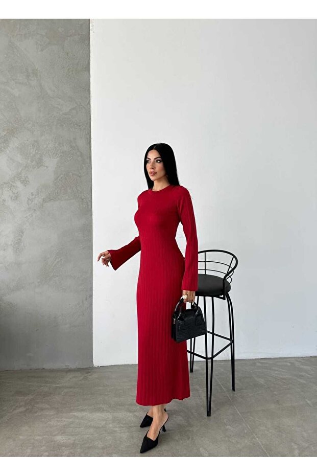 Crew Neck Knitted Pattern Long Knitwear Dress