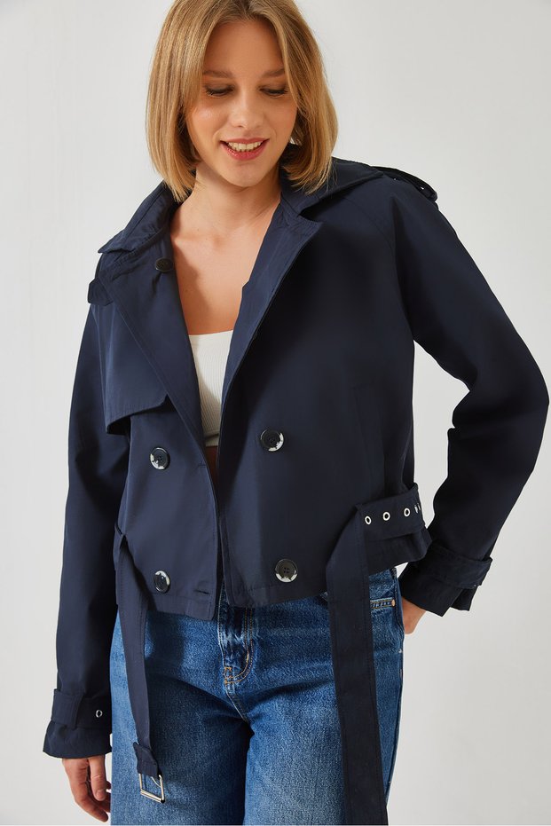 Women's Navy Blue Jacket with Sleeves and Belted Waist 2604 60351266