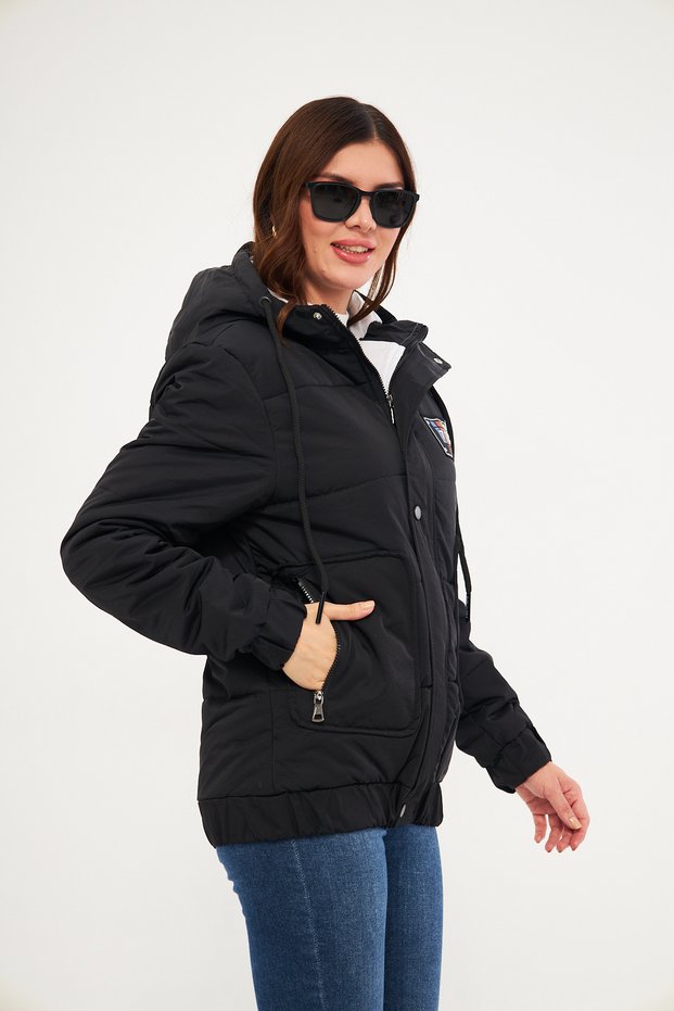 Women's Woven Fabric Inner Pocket Zippered and Snap Fastened Hooded Inflatable Coat