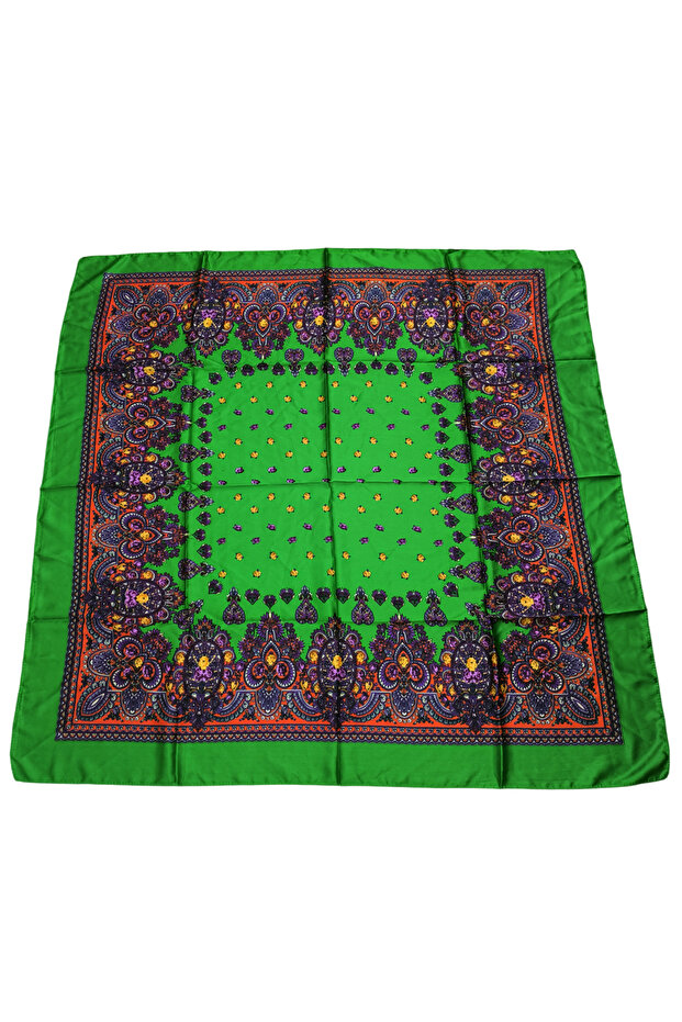 Dark Green Ethnic Floral Patterned Satin Scarf - 90X90