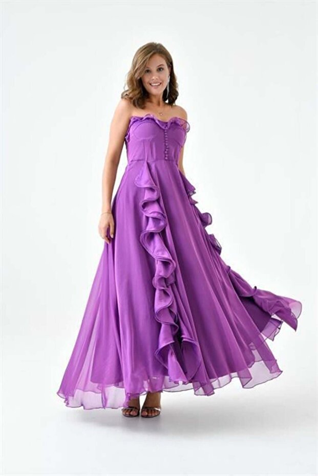 Women's Button and Slit Detailed Janjan Chiffon Evening Dress Dps016