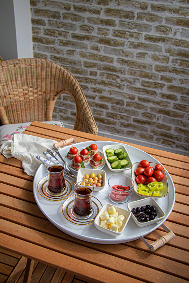 Metal 45 Cm Round Tray with White Wooden Handle, Breakfast Tray, Presentation Tray