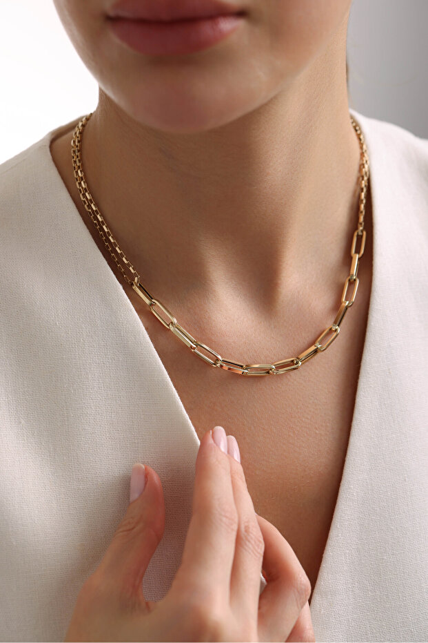 14 Ayar Altın Kalın Ataş Paper Clip Kolye - 1