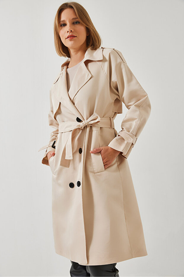Damski dwurzędowy płaszcz typu trencz z przodu Aller Detailed 8118 60451015 - 3