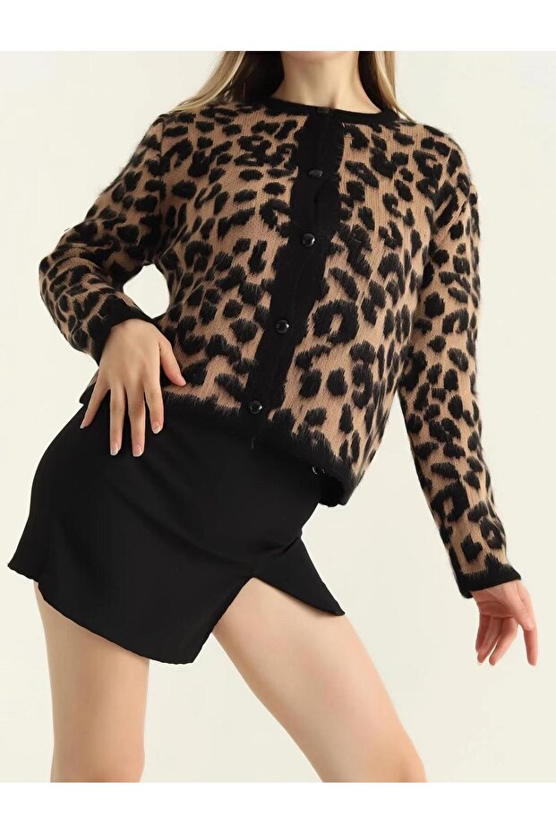 Beige-Black Leopard Patterned Cardigan - 2