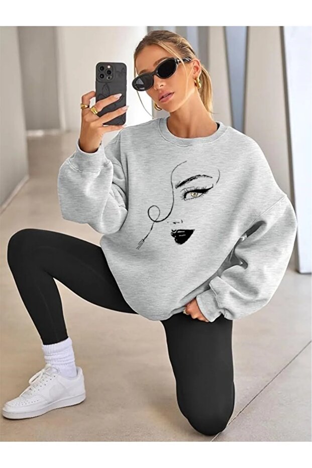 Gray Crew Neck Women's Sweatshirt - Face Printed