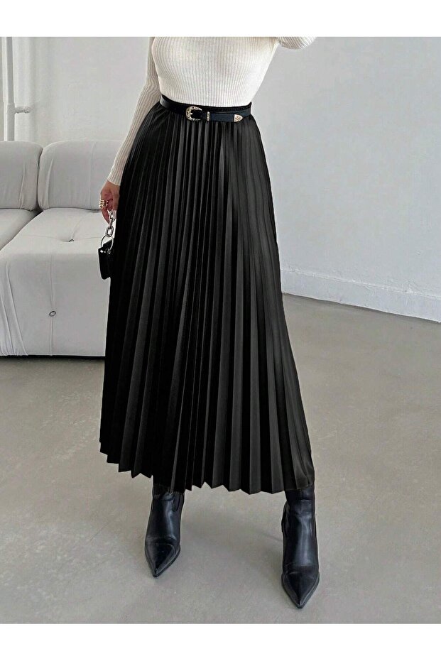 Women's High-Waisted Pleated Faux Leather Skirt