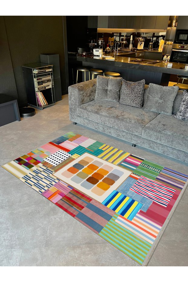 Özge Collection Multicolored Creative Shapes Patterned Woven Base Modern Decorative Carpet Ozge31