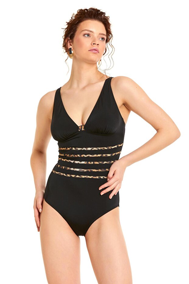 V-Neck Leopard Print Swimsuit - 1