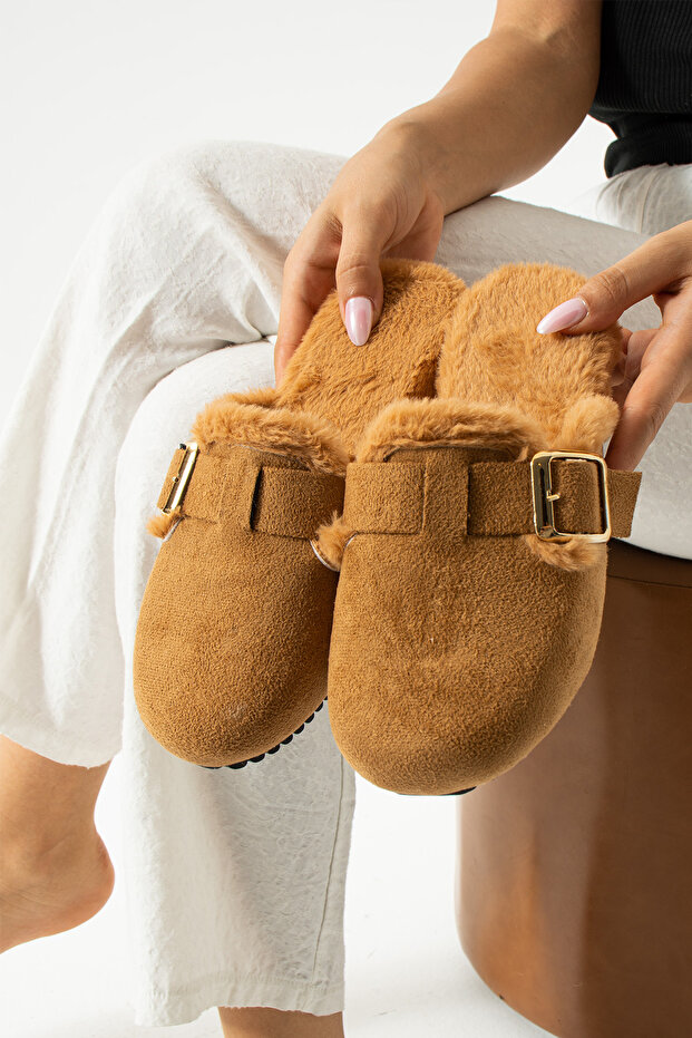 Tan Suede Buckle Plush Inside Slippers - 6