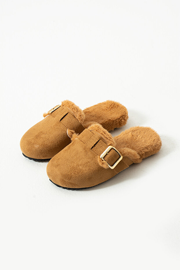 Tan Suede Buckle Plush Inside Slippers - 7