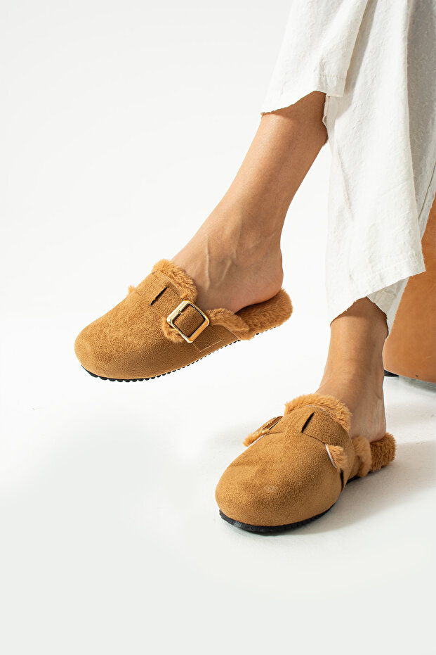 Tan Suede Buckle Plush Inside Slippers - 2