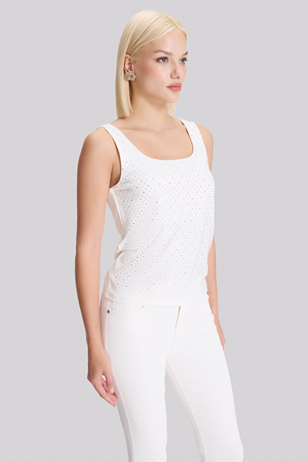 Kare Yaka Taş Detaylı Örme Bluz - 3