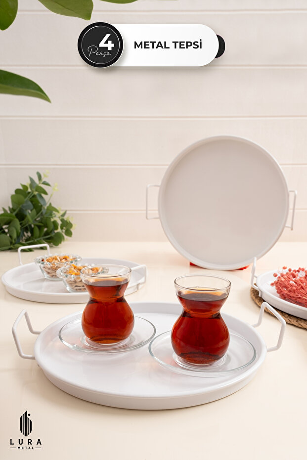 Set of 4 Vera White Metal Coffee and Tea Presentation Trays - 25 cm Elegant and Durable Design