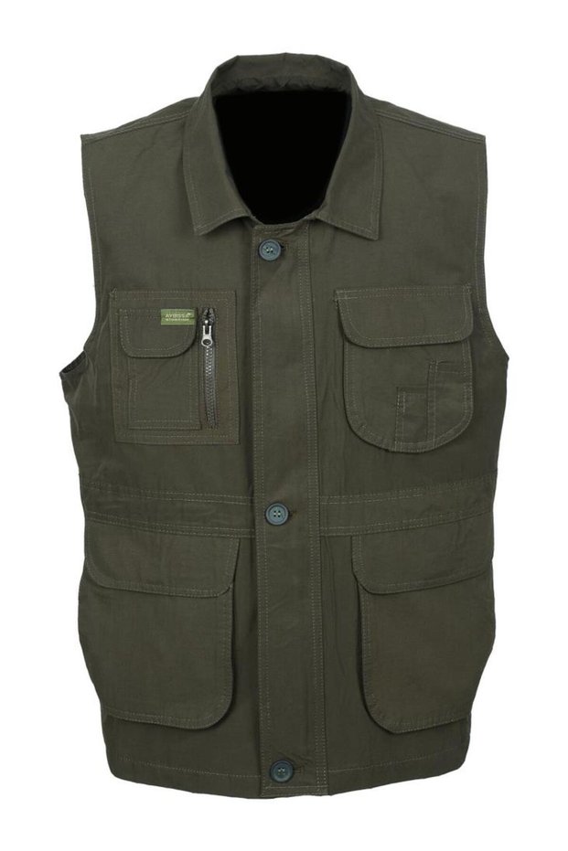 Oversize Summer Fabric Vest with Collar and Pockets Khaki Color
