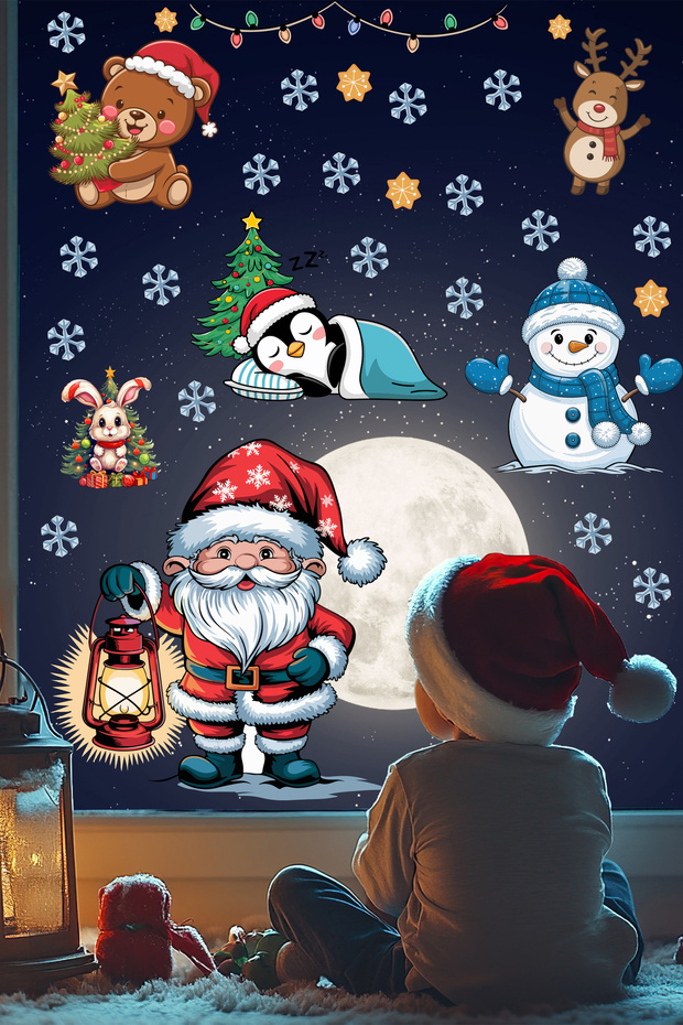 Christmas Sticker Santa Claus Snowman Cute Penguin and Snowflakes