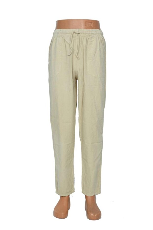 Battal Elastic Men's Linen Trousers Beige Color