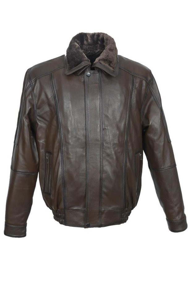 Oversize Hazelnut Color Men's Leather Coat with Plush Collar and Inside