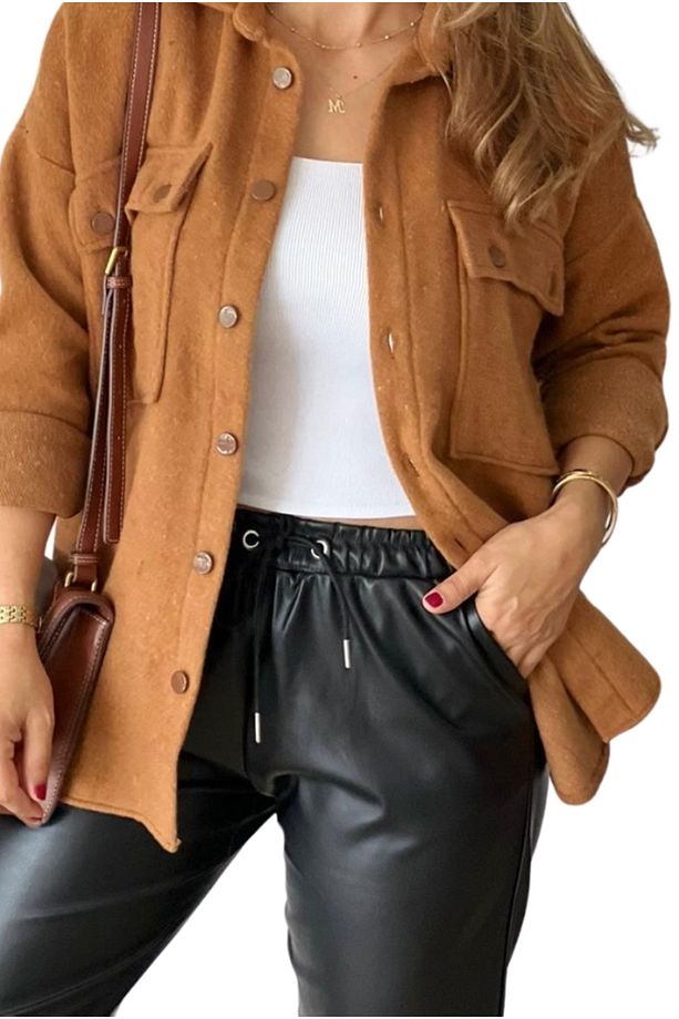 Kadın Taba Camel Kaşe Yün Oversize Gömlek Ceket - 2
