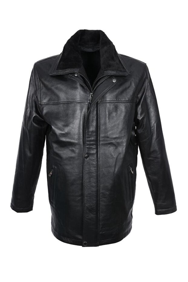 Men's Leather Coat with Plush Collar