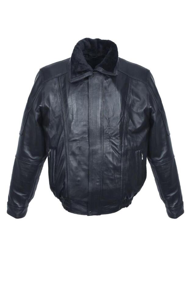 Oversized Black Color Men's Leather Coat with Plush Collar and Inside