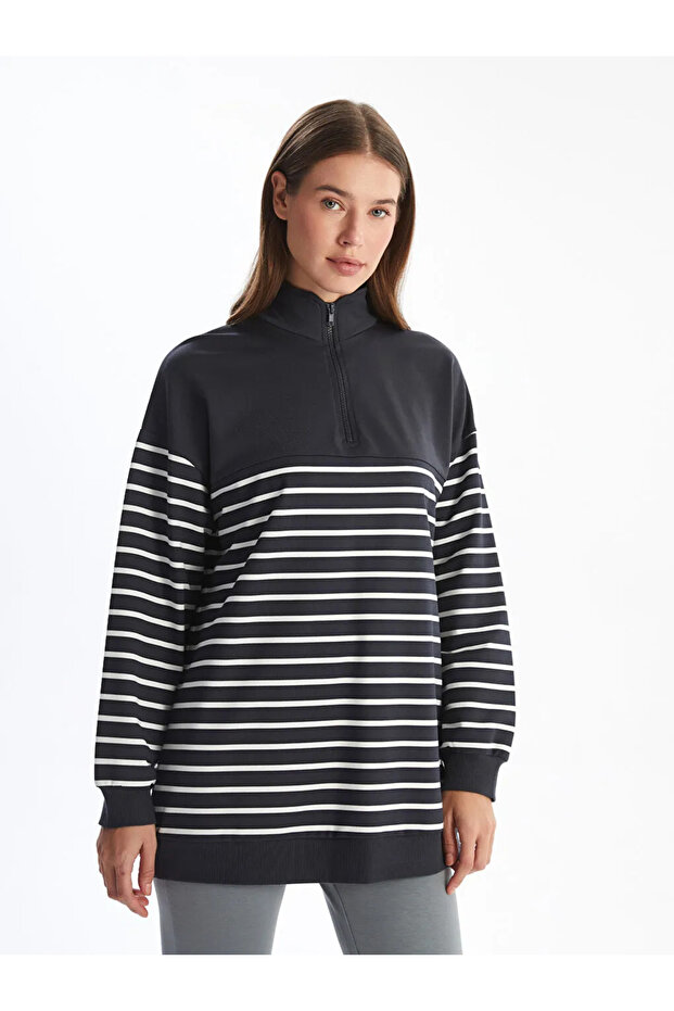 Lcw Modest Grey Stand Collar Striped Women's Sweatshirt Tunic