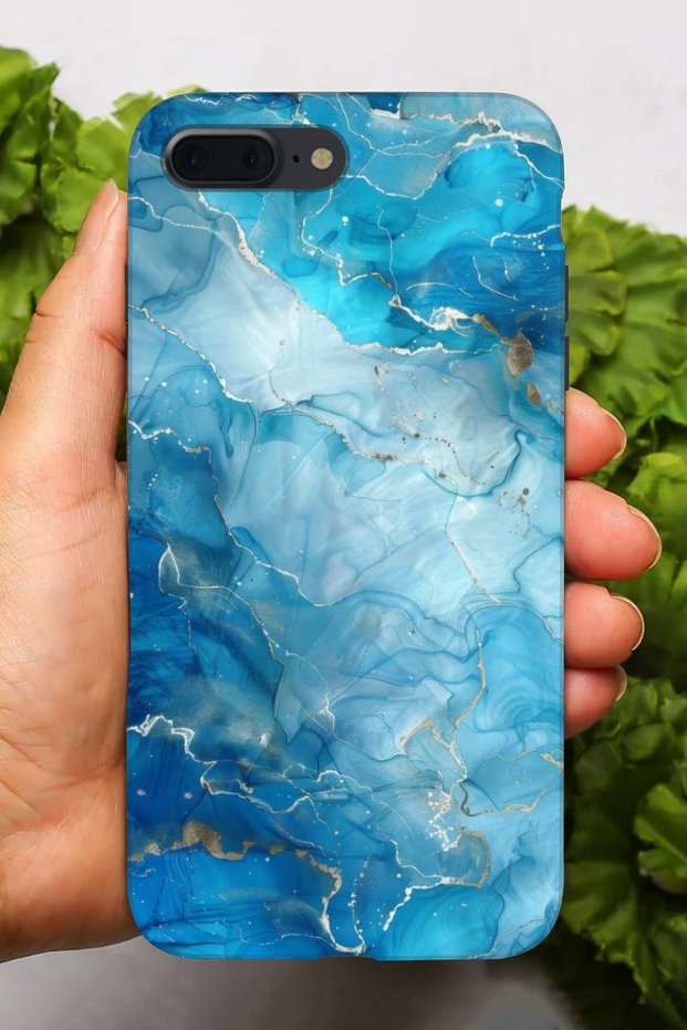 جراب سيليكون مطبوع عالي الدقة بنمط رخامي أزرق فاتح متوافق مع هاتف Apple iPhone 7 Plus