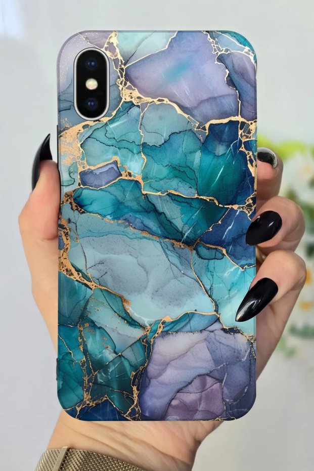 حافظة سيليكون متوافقة مع هاتف Apple iPhone Xs مطبوعة بنمط رخامي أزرق وأرجواني