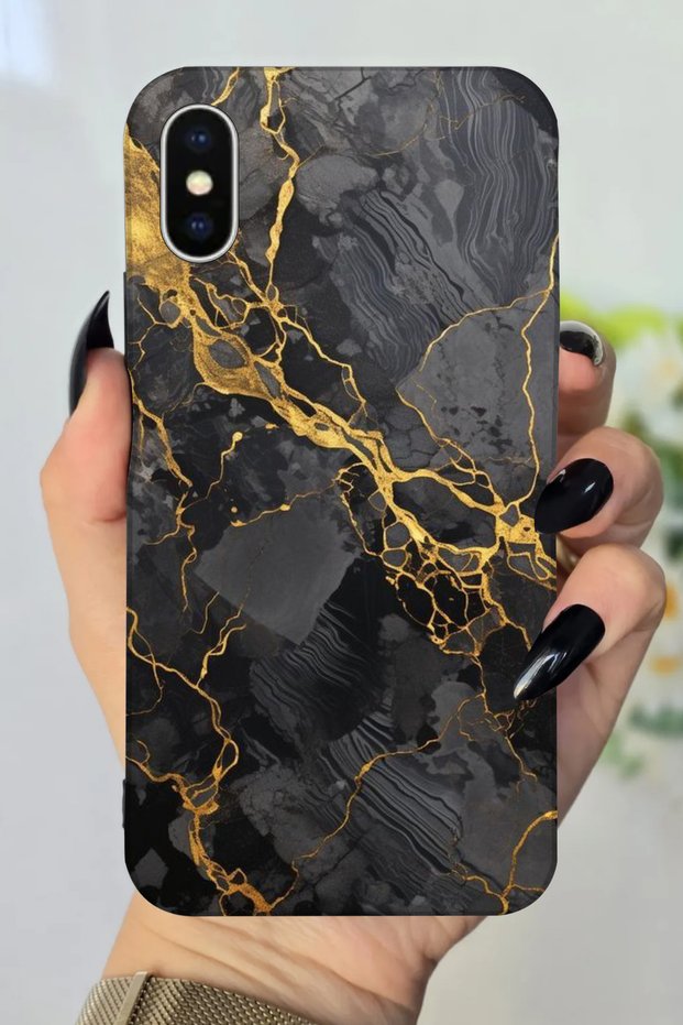 Apple iPhone XS Compatible Hd+ Printed Black Marble Patterned Silicone Case