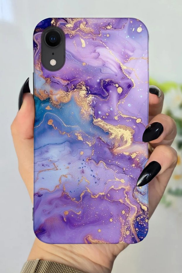 جراب سيليكون متوافق مع هاتف Apple iPhone XR مطبوع عليه نمط رخام أرجواني عالي الدقة